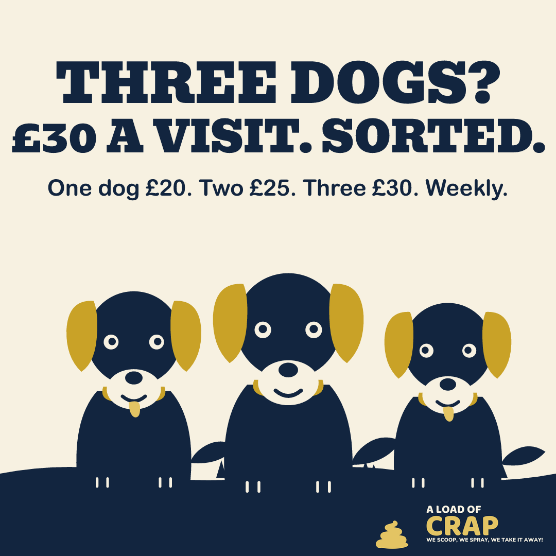 A Load of Crap social post: Three dogs? £30 a visit. Sorted. One dog £20, two £25, three £30, weekly.